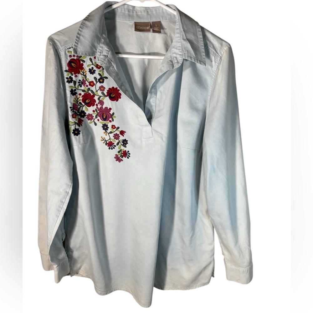 Chicos Sz 1 palest Blue Top with lovely Embroidery on One side